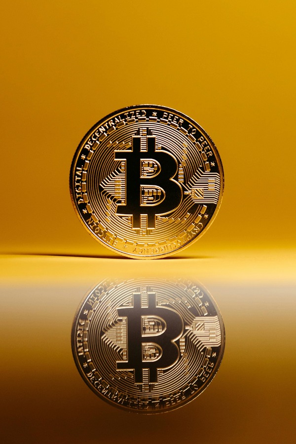 Golden Bitcoin coin standing upright with reflection on a warm background