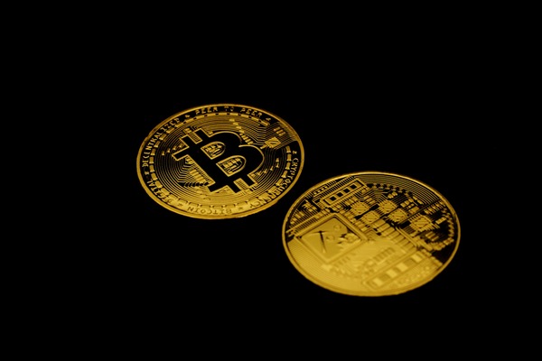 Two gold Bitcoin-style cryptocurrency coins facing opposite sides on a dark background
